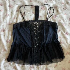Vintage Free People Navy Lace Rhinestone Top